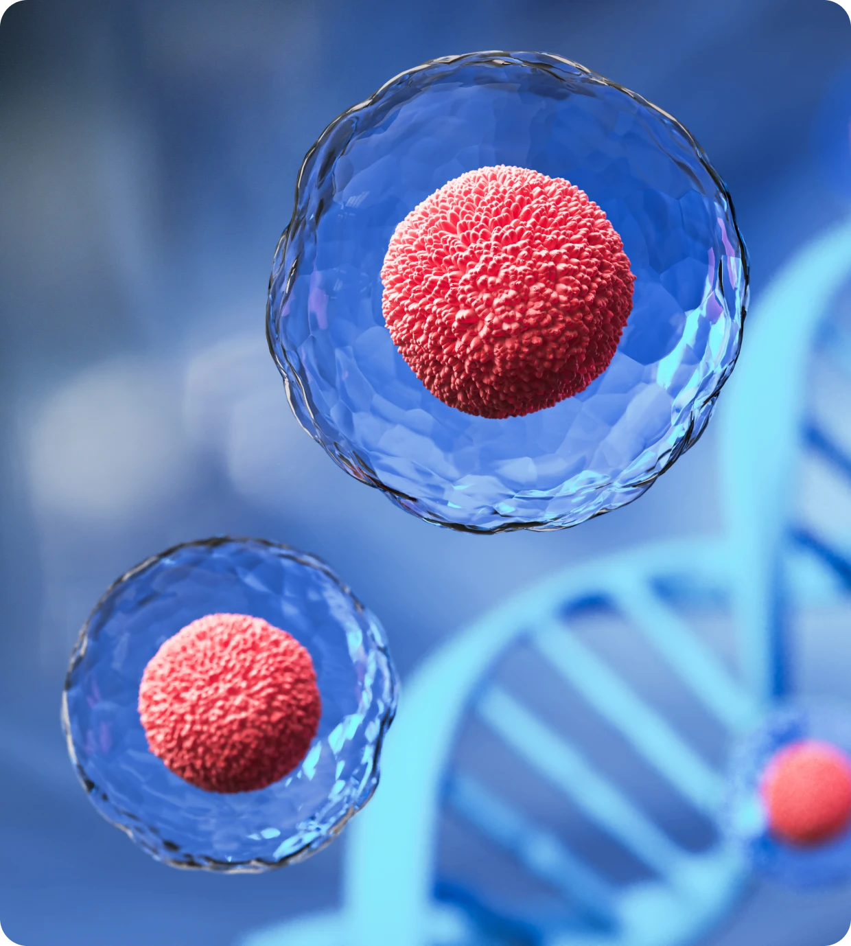 Cells with DNA strands in the background.