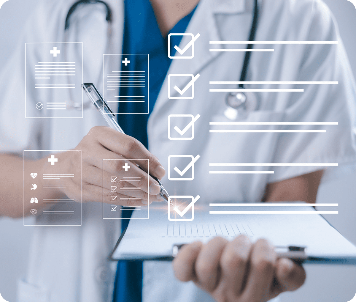 Doctor filling out a digital checklist.